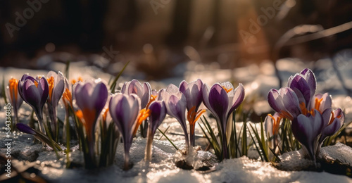 Many crocuses snowdrop flowers grow under snow on early spring sunny day with defocused sunlight, the first flowers for Easter is the end of winter spring is coming, generated ai
