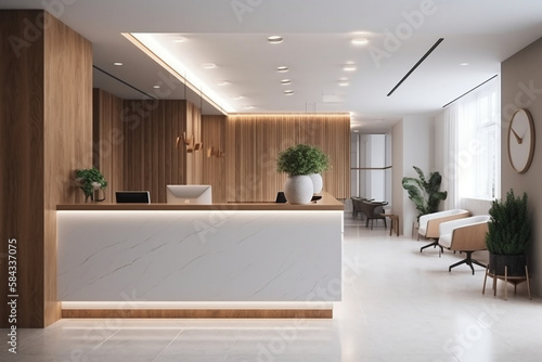 Luxury and contemporary lobby area interior design in white and wood style with reception counter Generative AI