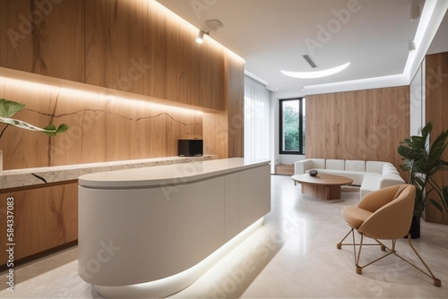 Luxury and contemporary lobby area interior design in white and wood style with reception counter Generative AI