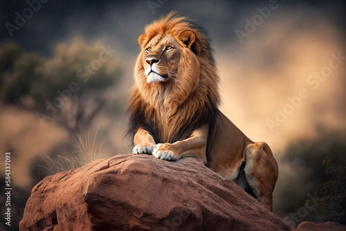 male lion is sitting on the top of the rock Generative AI