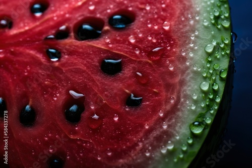 Watermelon slice covered in tiny droplets of water - food products created with generative AI technology