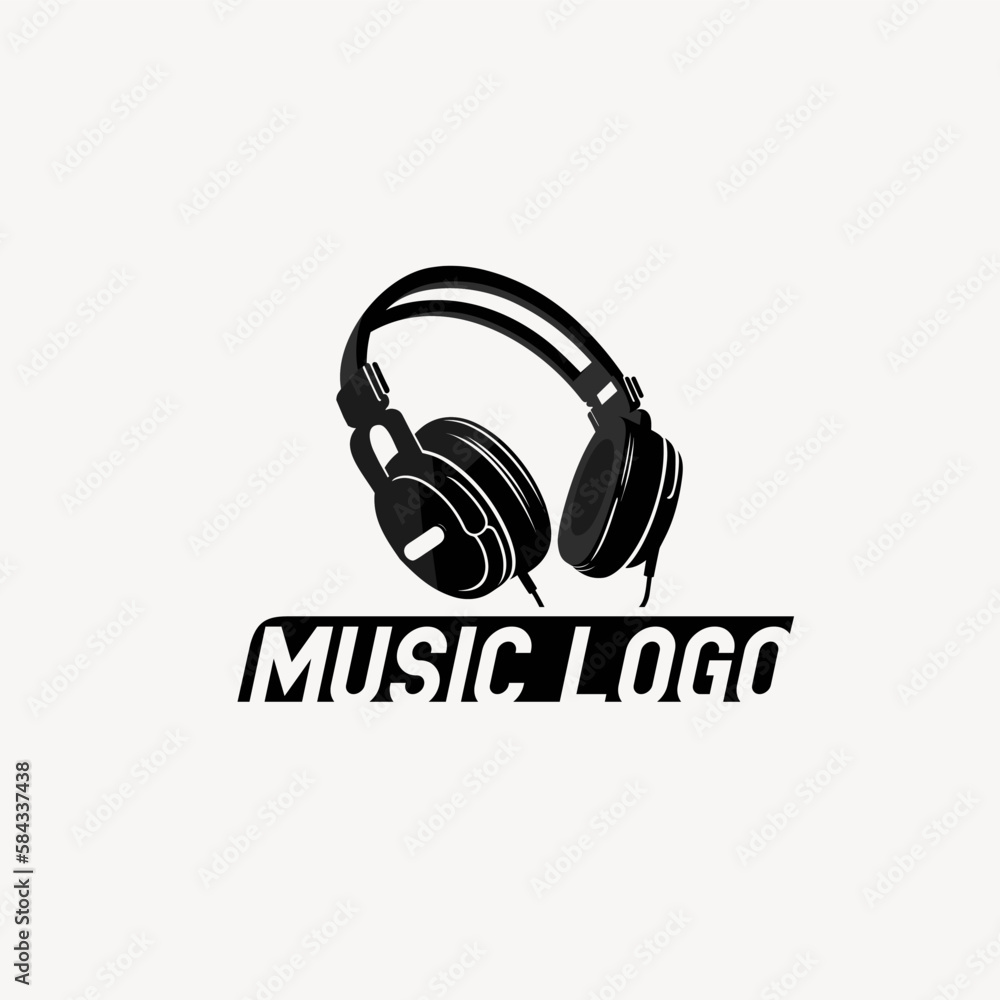 Logo with headphones. Monochrome national emblem. Design element. Favorite music concept Logo with headphones. Monochrome national emblem. Design element. Favorite music concept