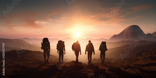 Tourists are moving towards the mountains landscape behind which the bright sun rises, several climbers are moving towards the big mountains, active lifestyle, generated ai © Creative Team