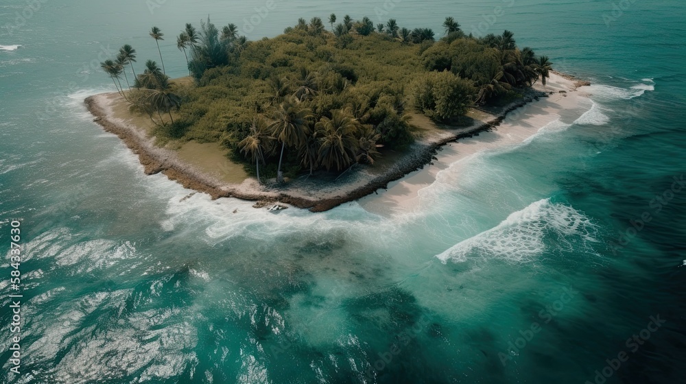 A Tropical Paradise Above: Enjoy a Peaceful Holiday Tour of an Island Beach, its Honeysuckle-Fringed Sea and Palm Trees, Generative AI