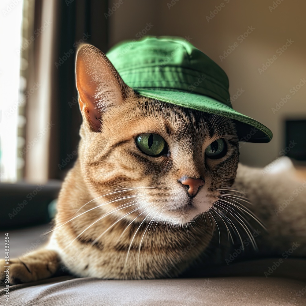 Cute Cat with Green Eyes and a Green Hat Ready for Technology: Generative AI