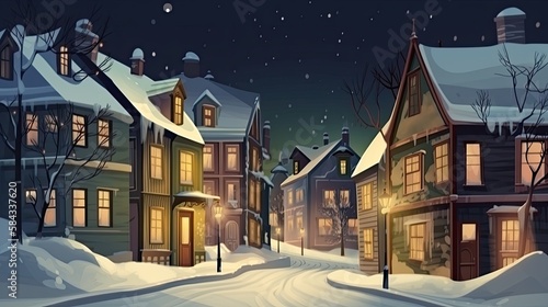 Christmas Joy in a Small Snowy Town: Cozy Houses with Lights, Vintage Art-Inspired Night Scene. Generative AI