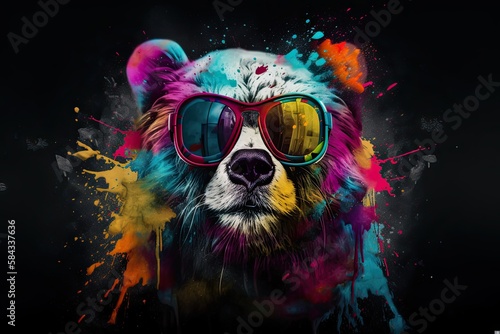 Colourful Explosion of Power: Unique Wildlife Art With A Teddy Bear and Sunglasses: Generative AI