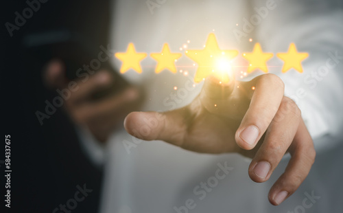 Customer Experiences review satisfaction feedback survey concept. Client give rating to service on online application,Customer can evaluate quality of service leading to reputation ranking of business
