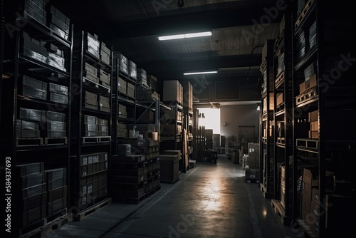 Gigantic Warehouse Logistics: Supply & Merchandise at Work in a Grungy Equipment Workshop. Generative AI