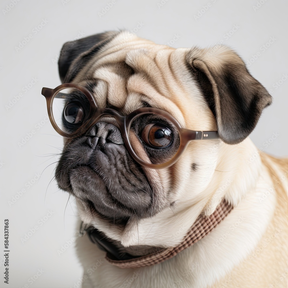 Sad and Adorable: Closeup Portrait of a Cute Purebred Pug Dog Animal with Specs and Winkle on His Face: Generative AI