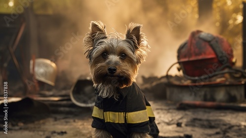 A Yorkie wearing a firefighter's helmet and holding a hose, standing in front of a burning doghouse Generative AI © Наталья Евтехова