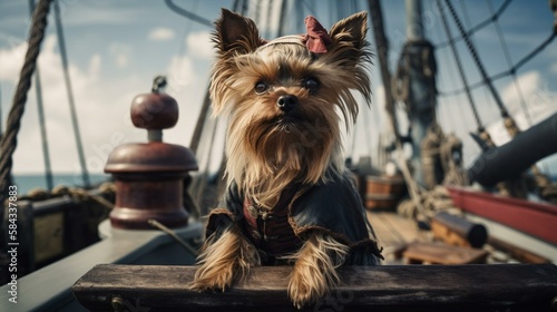 A Yorkie dressed as a pirate, holding a treasure map and standing on the deck of a ship Generative AI photo