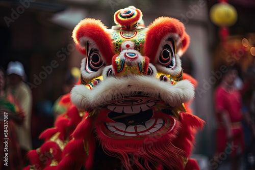 Vibrant Red and Gold Acrobatic Lion Dance Celebrates Chinese New Year in China: Generative AI