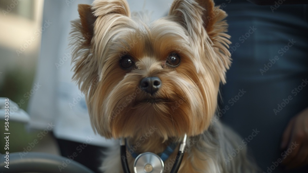 A Yorkie wearing a doctor's coat and holding a stethoscope, standing in front of a hospital Generative AI A Yorkie wearing a doctor's coat and holding a stethoscope, standing in front of a hospital Generative AI