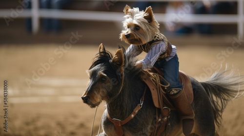 A Yorkie dressed as a cowboy, riding a bucking bronco in a rodeo arena Generative AI