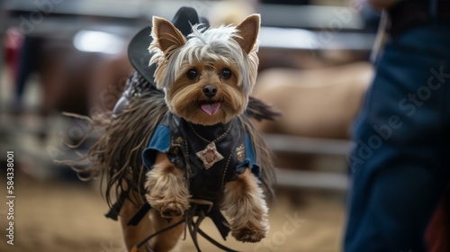 A Yorkie dressed as a cowboy, riding a bucking bronco in a rodeo arena Generative AI © Наталья Евтехова