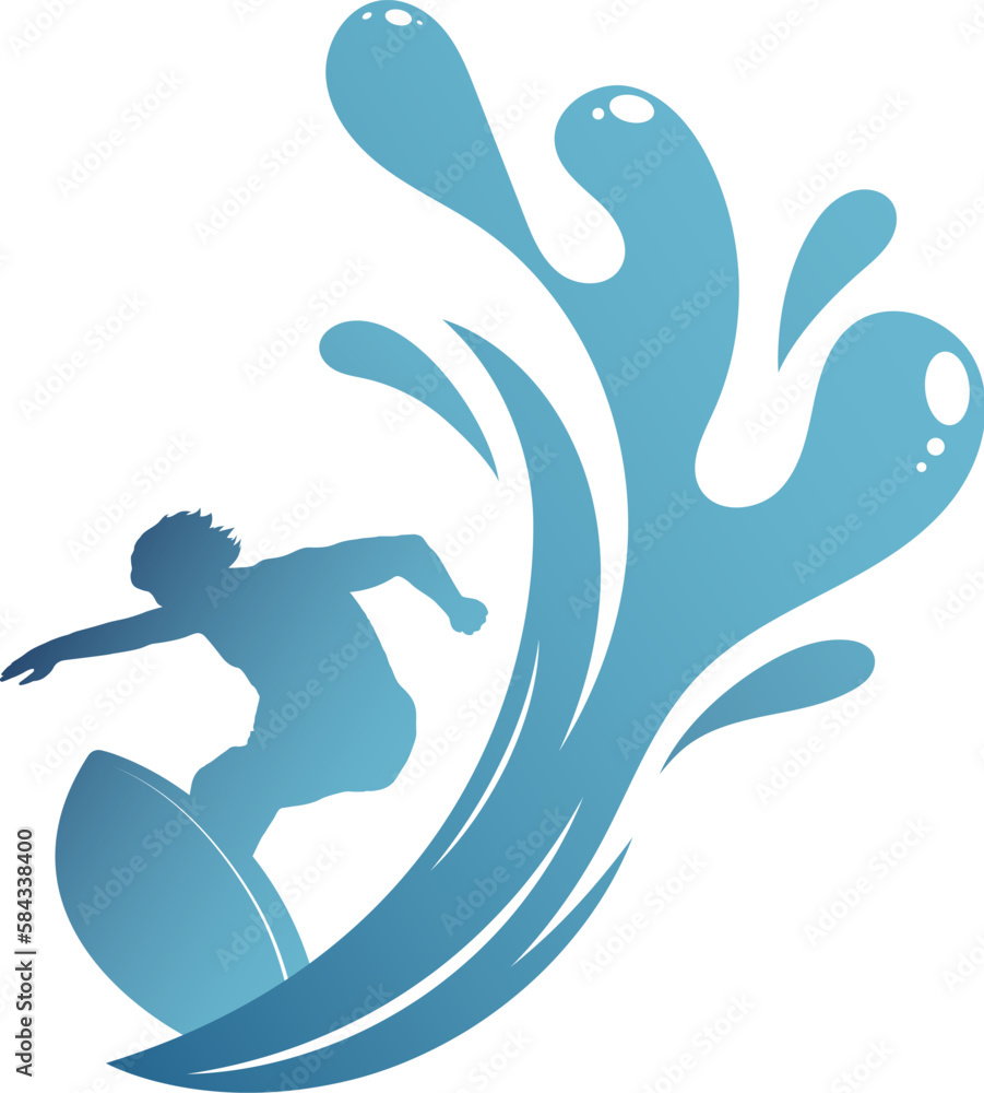 Surfer on board silhouette and big blue wave design Surfer on board silhouette and big blue wave design