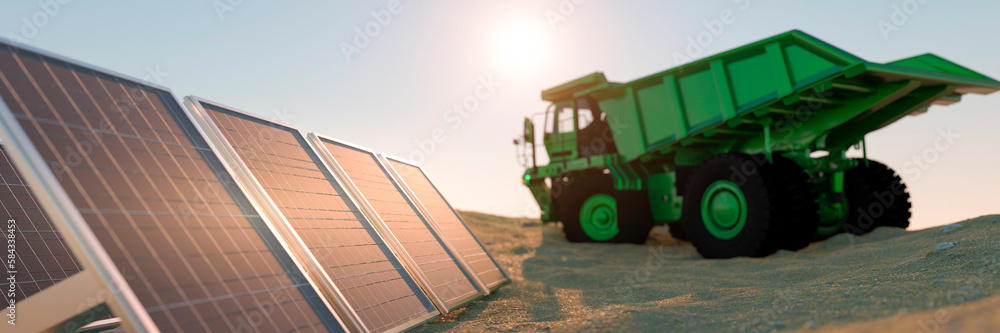 Green energy efficient mining truck concept on a sandy landscape next to a group of solar panels 3d render
