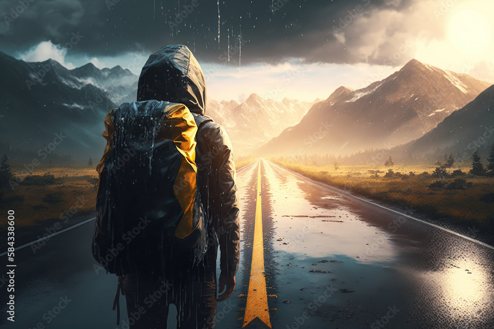 A tourist man with a backpack walks alone on a wet road after the rain ...