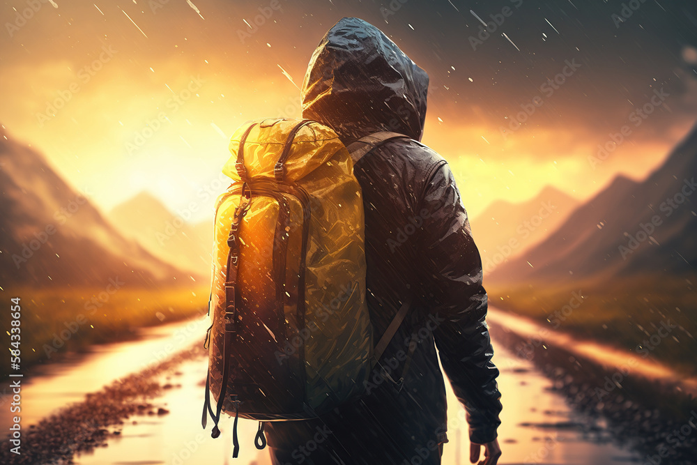 A tourist man with a backpack walks alone on a wet road after the rain ...