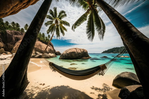 a hammock hanging between two palm trees on a tropical beach with clear blue water and a sandy shore with a rock formation in the background  generative AI