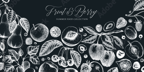 Berry and fruit background on chalkboard. Cherry, plum, apple, peach, apricot, fig, strawberry in sketch style. Hand-drawn fruit tree banner template in vintage style.