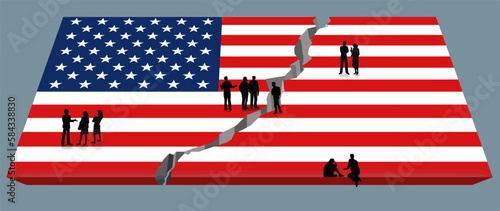 People are engaged in discussions as they stand on a USA flag that has been split down the middle by a crack. Americans discuss the growing divide in USA politics.This is a 3-d illustration.