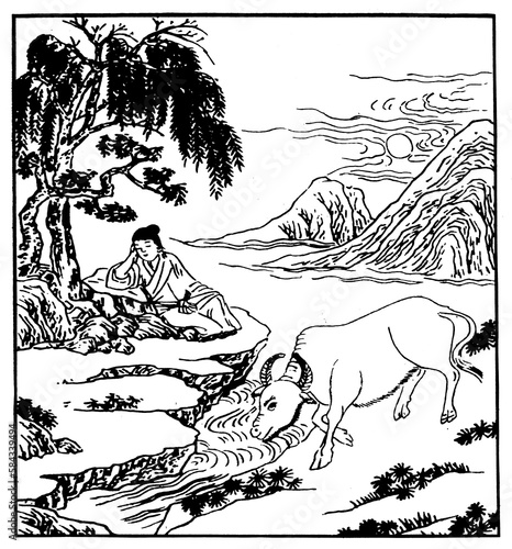 The Ten Oxherding Pictures by Puming (Fumyo), an unknown author. Stage 7 : Laissez faire. The master sleeps while the tamed ox drinks water from a river. photo