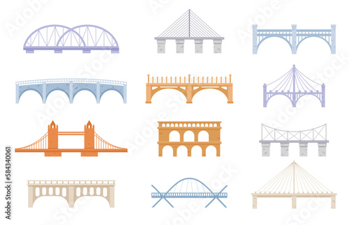 Bridge of construction vector cartoon set icon. Color graphic design. Set of Bridges, Urban Crossover Architecture and Construction for Transportation with Carriageway