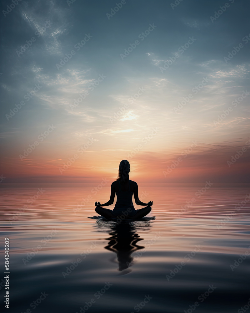Silhouette of person meditating in yoga position on the water at sunset, Generative AI