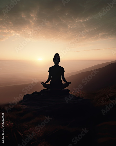 Silhouette of person meditating on the mountain at sunset, Generative AI