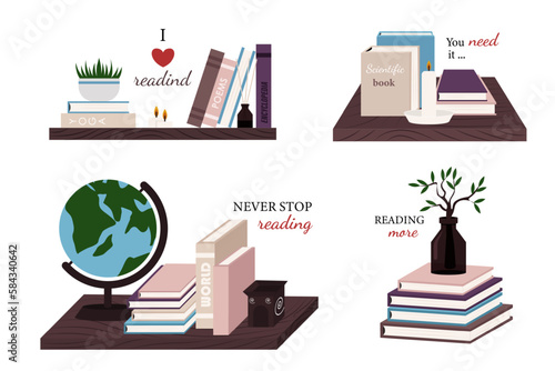 Reading emblems. Bookstore, library icon. Science literature, dictionary. Study books pile. Studies symbol.