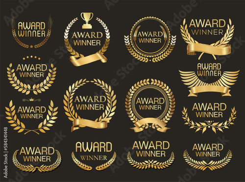 Award Winner emblem collection of gold laurel wreath vector illustration