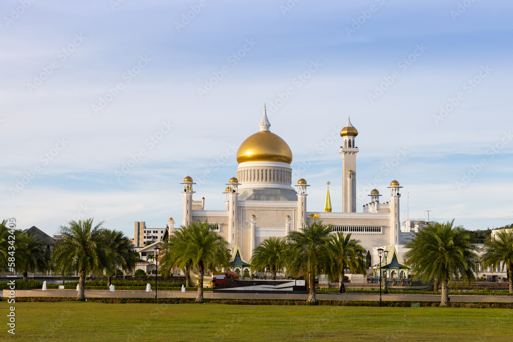 iconic building in Bandar Seri Begawan Brunei,Sultan Omar Ali Saifuddin Mosque during sunset.