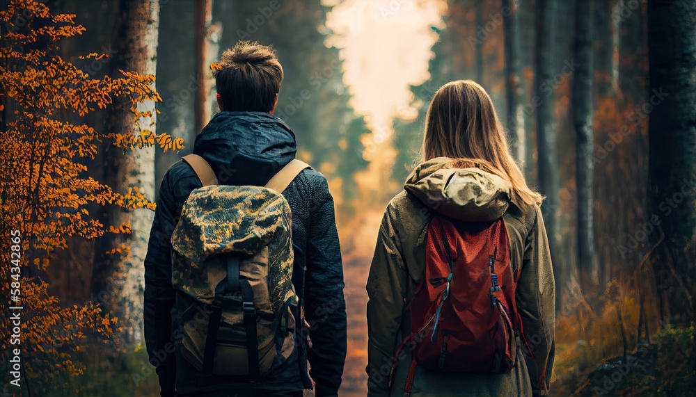 Couple on a forest road with backpacks seen from behind