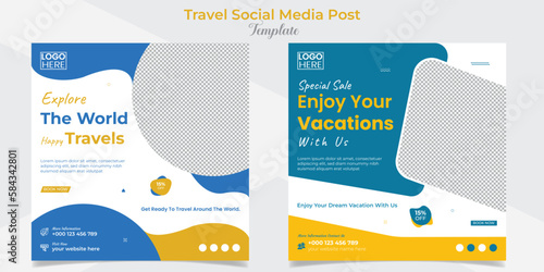 Travel Holiday vacation tour square flyer post banner and social media post template design set 