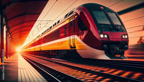 Beautiful railway station with modern red commuter train