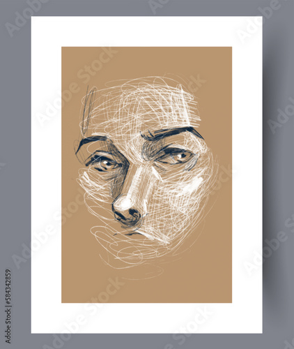 Portrait woman sight face wall art print. Contemporary decorative background with face. Wall artwork for interior design. Printable minimal abstract woman poster.