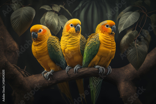 Three yellow parrots on a tree in the rainforest with Generative AI technology © Nayan