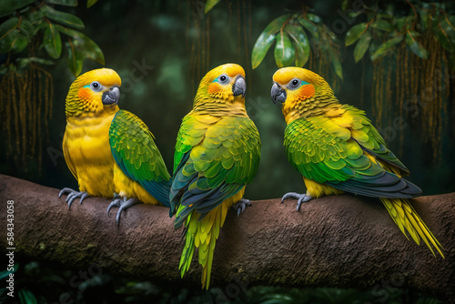 Three yellow parrots on a tree in the rainforest with Generative AI technology