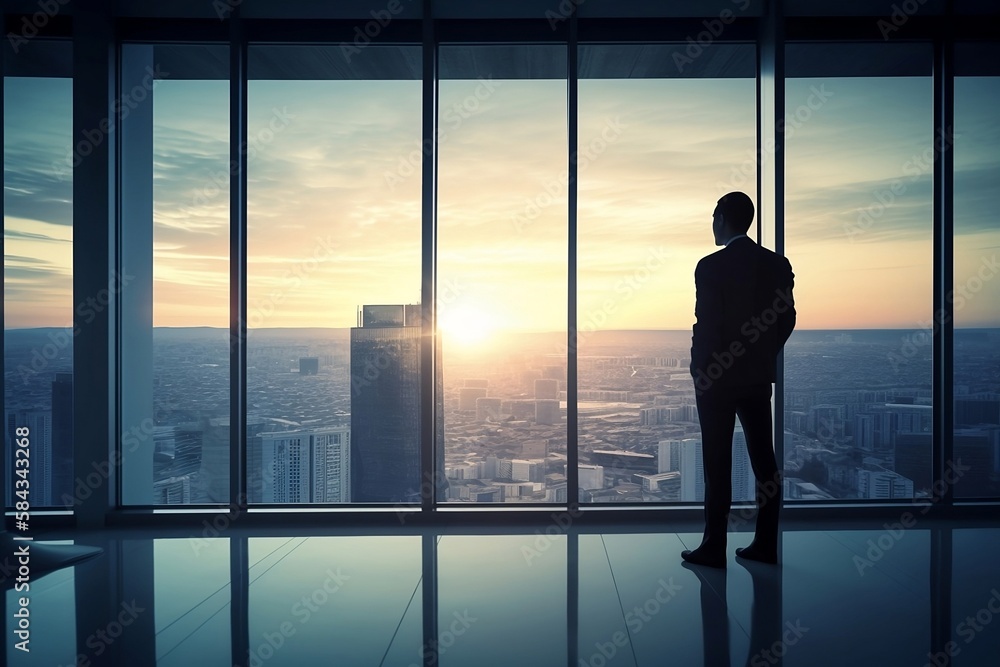 Wide Shot of a Business Man Looking Out Through Office Window With City Skyline in Background – Generative AI