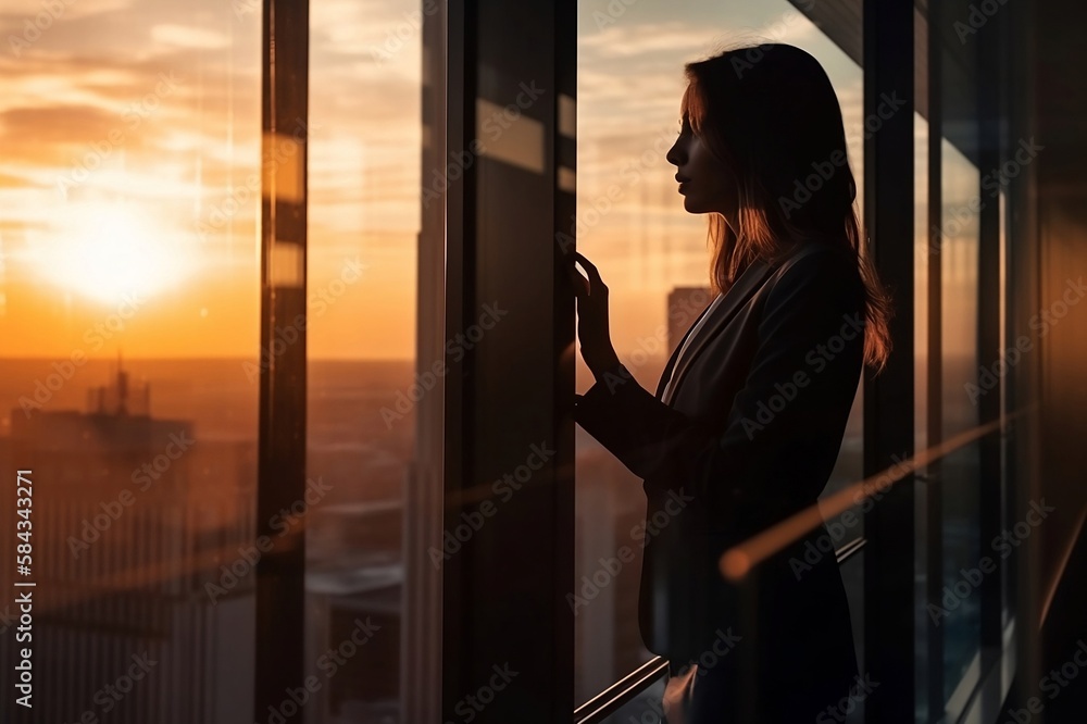 A Business Woman Looking Out Through Office Window During Golden Hour – Generative AI A Business Woman Looking Out Through Office Window During Golden Hour – Generative AI