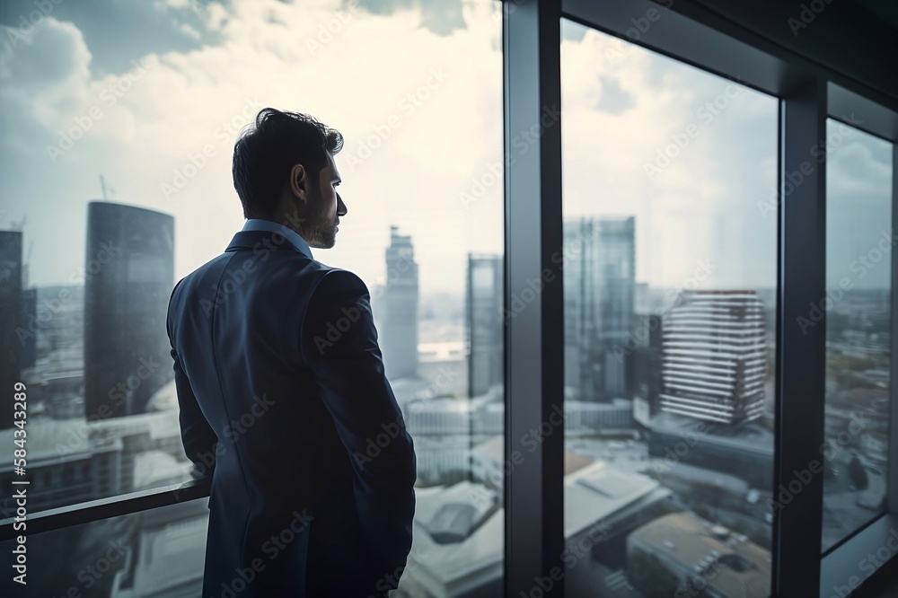 A Business Man Looking Out Through Office Window With City Skyline in Background – Generative AI A Business Man Looking Out Through Office Window With City Skyline in Background – Generative AI