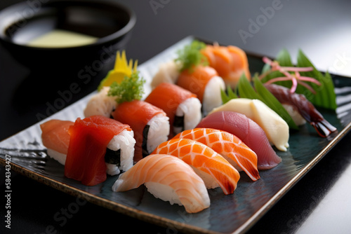 An expertly crafted sushi platter featuring an assortment of fresh and vibrant rolls and sashimi. (Generative AI) 