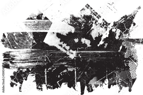 Glitch distorted geometric shape . Noise destroyed logo . Trendy defect error shapes . Glitched frame .Grunge textured . Distressed effect .Vector shapes with a halftone dots screen print texture.
