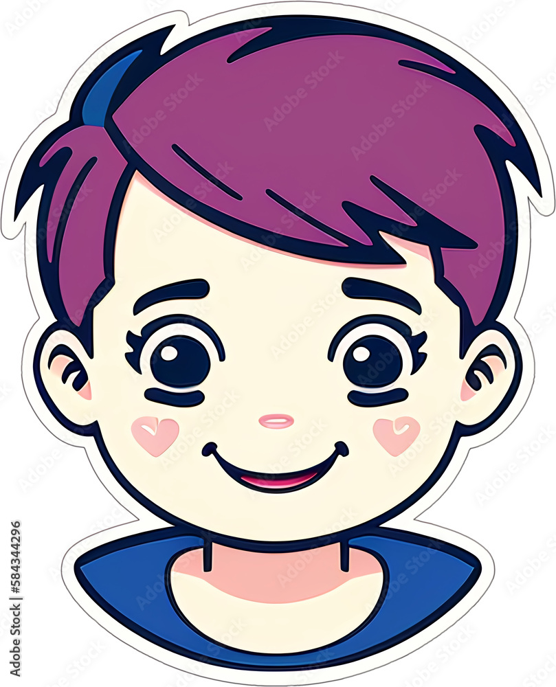 Sticker with a cartoon boy's head with a hairstyle and a smile on his funny face, with a white frame around Sticker with a cartoon boy's head with a hairstyle and a smile on his funny face, with a white frame around