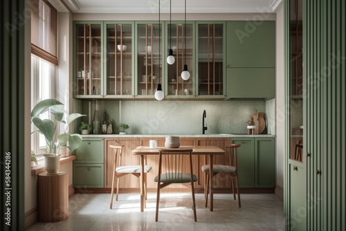 White folding reeded glass partition, design kitchen cabinet, dining room sunlight from window Generative AI