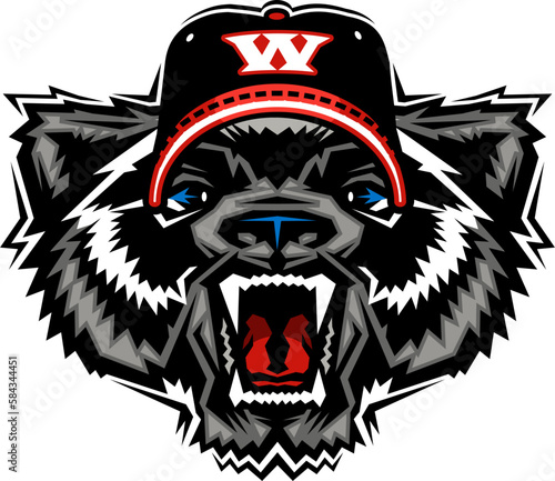 wolverine mascot wearing baseball cap for school, college or league sports