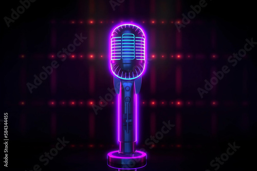 Neon microphone and glowing border frame. Template for karaoke, live music, stand up, comedy show Generative AI