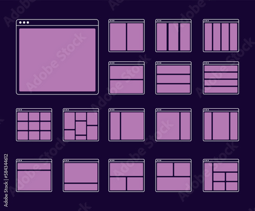 Responsive wed design grids to help coders and designers.Website breakpoint wireframes vector illustration. Column Grid Web Screen Display Template Computer